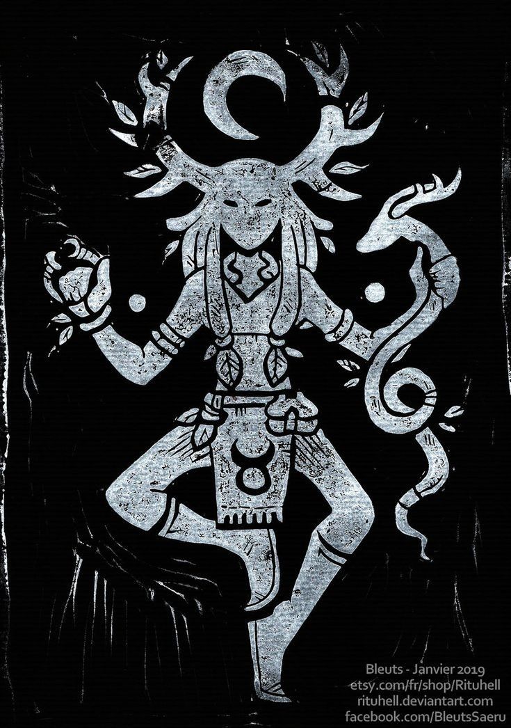 a drawing of a woman with two snakes on her back and one hand in the air