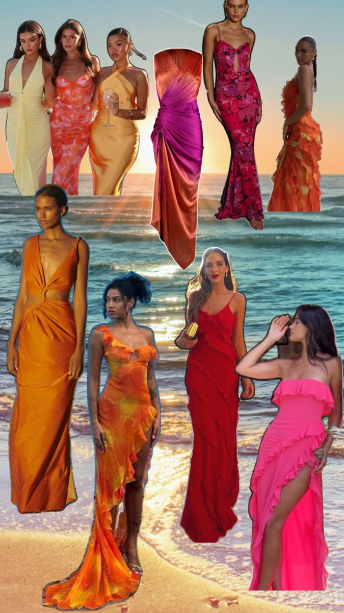 a group of women standing on top of a beach next to the ocean in dresses