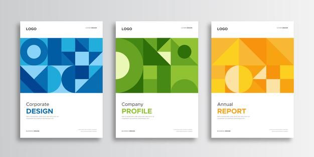 three brochures with different colors and shapes