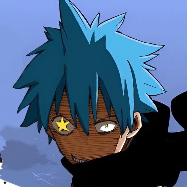 an anime character with blue hair and stars on his face, looking at the camera