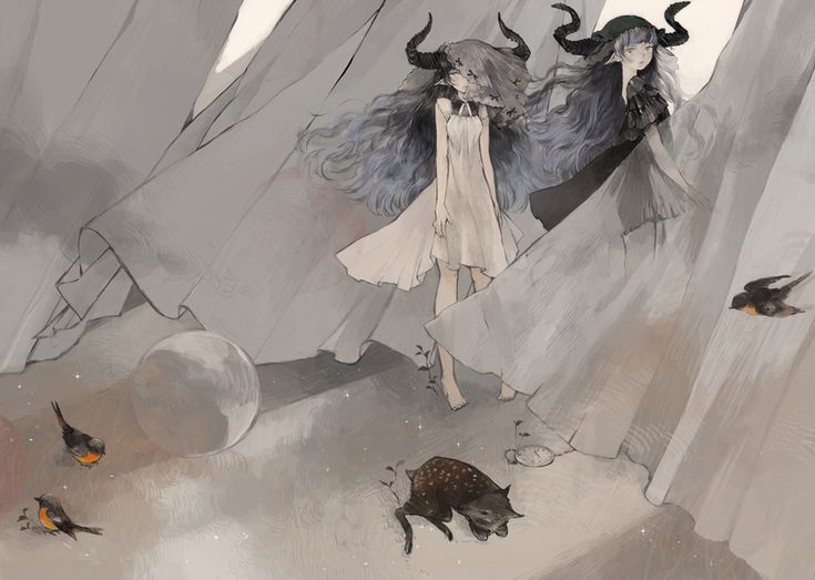 two women with horns and long hair are walking through the desert