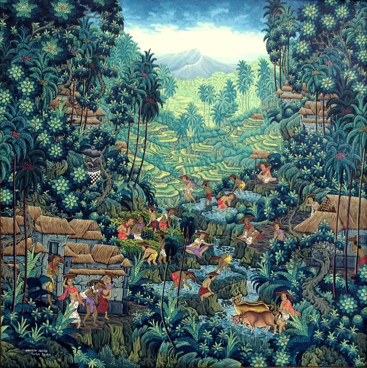 an artistic painting with people and animals in the jungle, surrounded by plants and trees