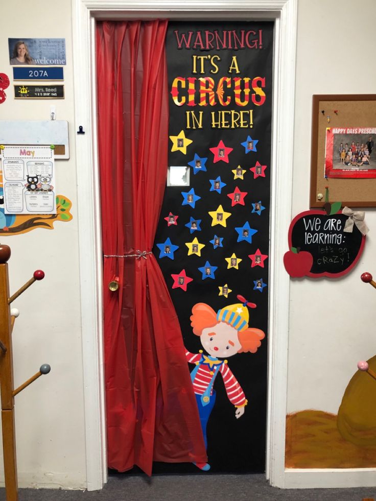 a door decorated with an image of a circus clown