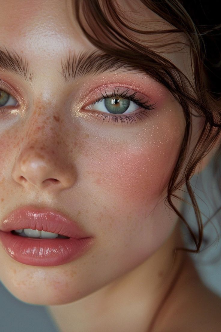 Peach Look Makeup, Eye Looks Makeup, Light Shimmer Eyeshadow, Light Colored Makeup, Elegant Makeup For Blue Eyes, Glowing Natural Makeup, Soft Peach Makeup Look, Peachy Summer Makeup, Make Up Summer 2024