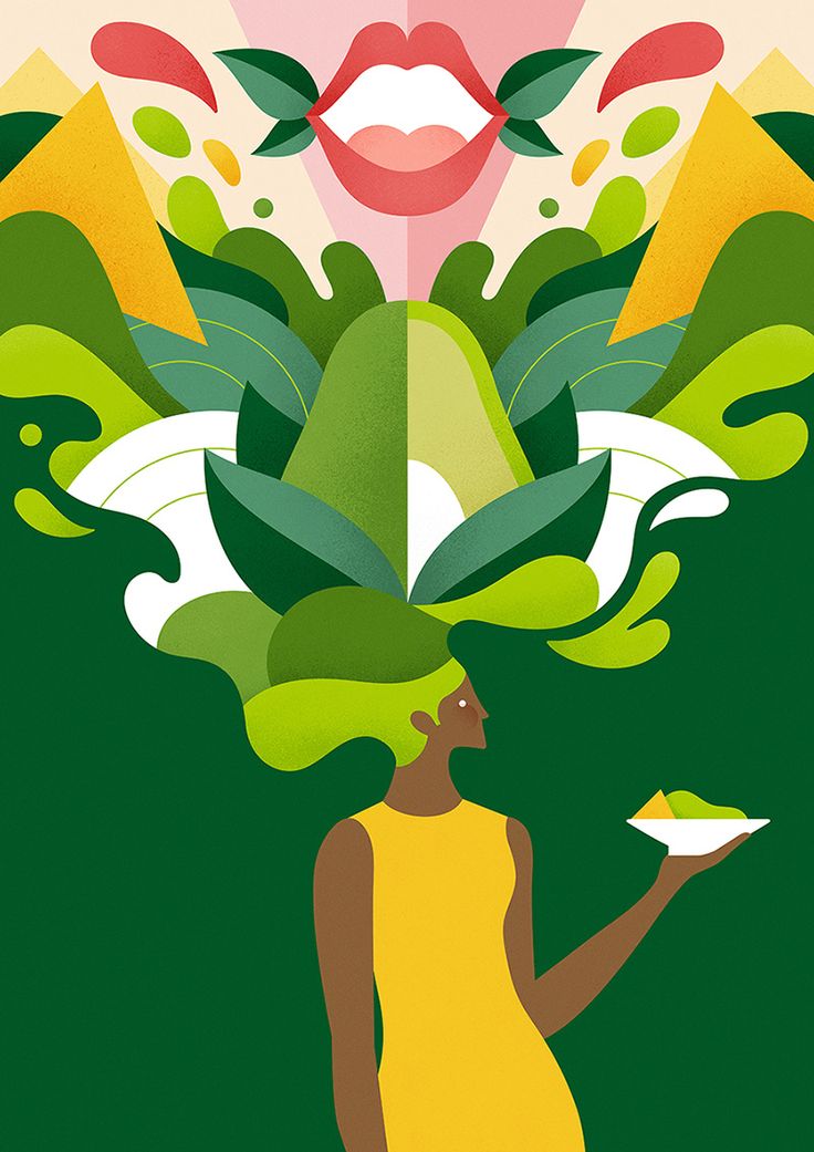 a woman in yellow dress holding a plate with green leaves on it and trees around her