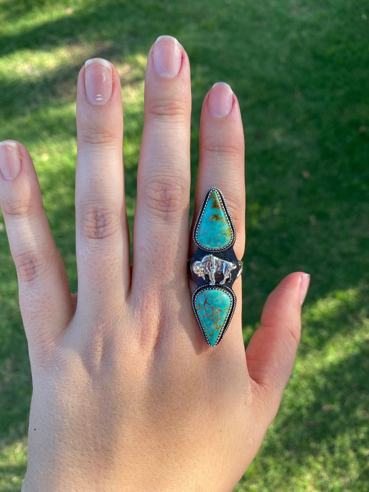 Handmade sterling silver ring. Sonora turquoise with sterling silver Buffalo casting. Size 8- stamped Cowgirl Turquoise, Handmade Sterling Silver Rings, Handmade Sterling Silver, Turquoise Sterling Silver, Turquoise Jewelry, Rings Statement, Random Things, Sterling Silver Ring, Statement Rings