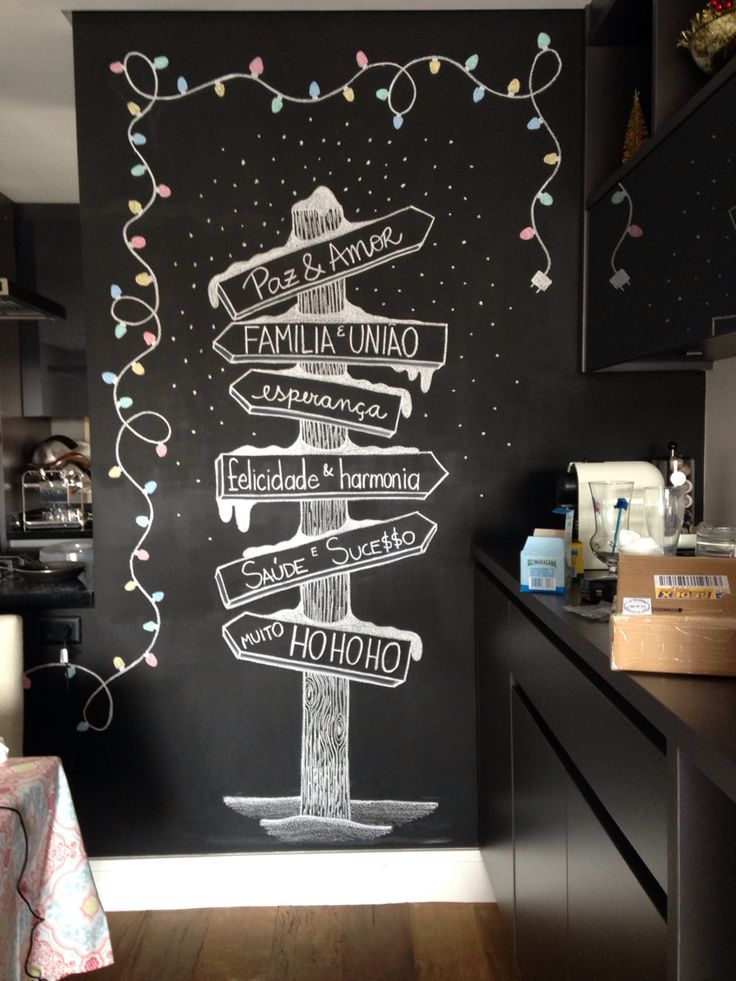 a chalkboard sign in the corner of a kitchen with confetti on it