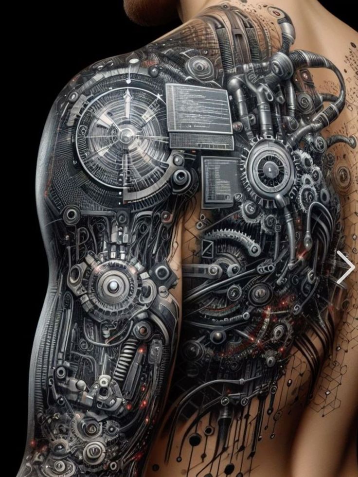 a man's back with lots of mechanical parts on his body and chest, all covered in black ink