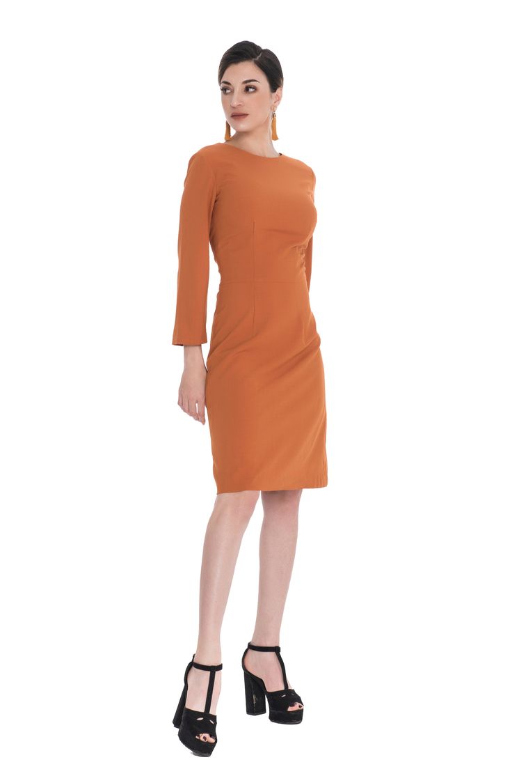 This is a good choice to bring elegance, gentleness, and sharpness to women of all ages. It is not only basic but also symbolises timeless classic value. The dress is minimally designed to enhance the wearer's figure, with knee length, long sleeves, graceful and feminine heart neck. Soft, good-quality materials help you feel confident whether appearing at the office or any event. Please note: This dress uses a US Petite size range. If you want a regular US size, please order sizing up. Details: Spring Long Sleeve Bodycon Dress For Work, Formal Fitted Long Sleeve Dress, Fitted Long Sleeve Formal Dress, Fitted Long Sleeve Solid Dress For Work, Solid Color Fitted Long Sleeve Dress For Work, Fitted Long Sleeve Dress For Formal Occasions, Fitted Long Sleeve Dress For Work, Elegant Long Sleeve Stretch Dress, Elegant Long Sleeve Stretch Dress For Fall