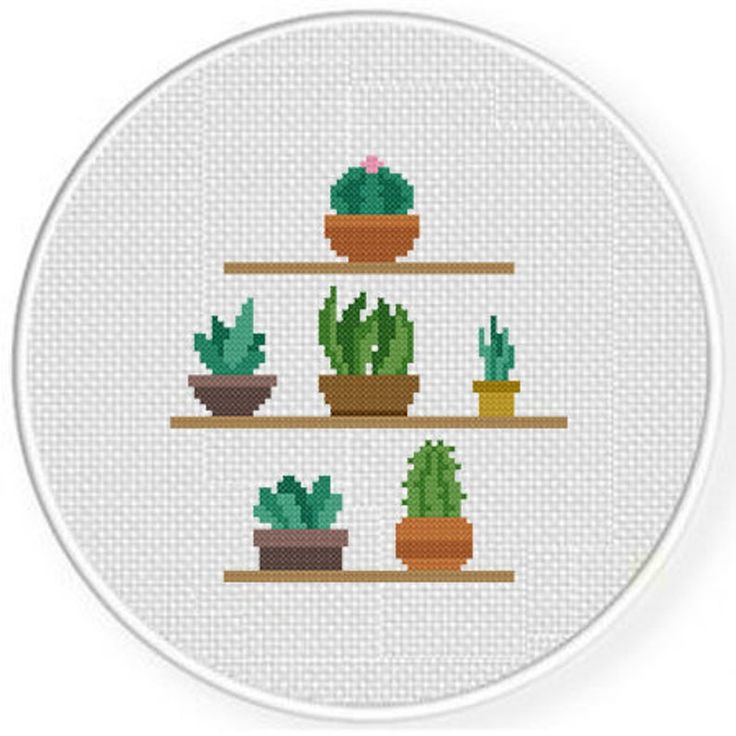 cross stitch pattern with cactus and succulents in pots on the shelf for wall hanging