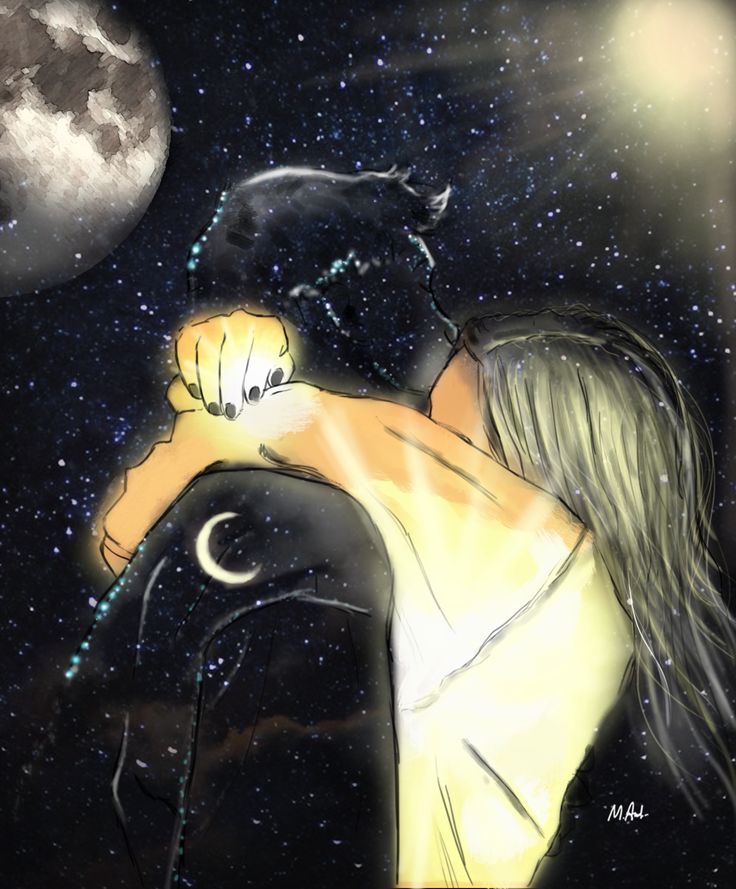 two people are hugging in front of the night sky with stars and a full moon behind them