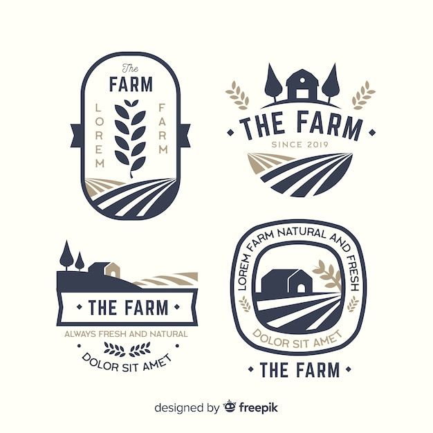 farm logos and emblems in vintage style with an image of a barn, wheatfield,