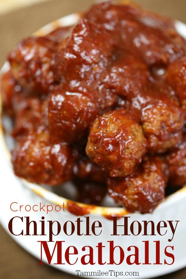 crockpot chipotle honey meatballs on a white plate with text overlay