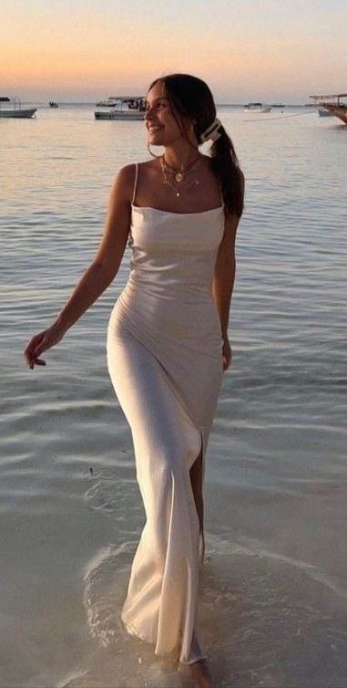 Formal Beach Dress, Mermaid Light, Men's Capsule Wardrobe, Satin Sleeves, Summer Picture Poses, Vacation Aesthetic, Birthday Shoot, Satin Evening Dresses, Light Ivory