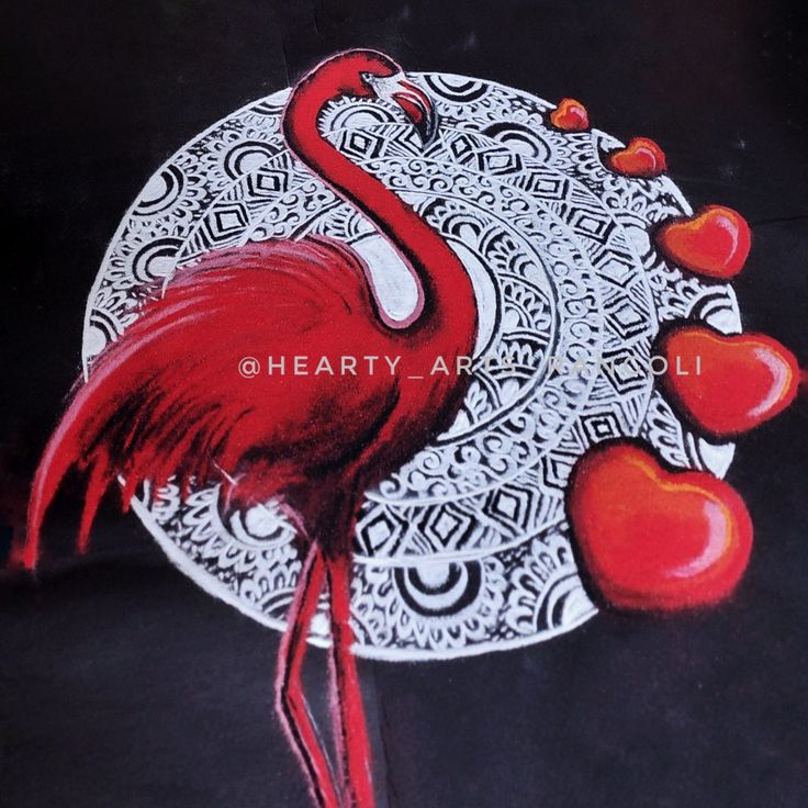 a red flamingo standing on top of a white plate with hearts around its neck