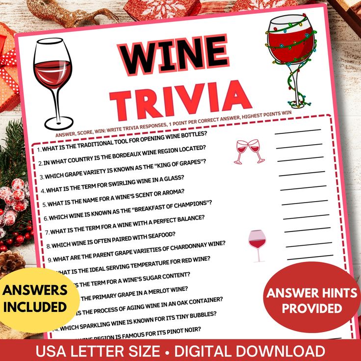 a wine trivia is shown on top of a wooden table with christmas decorations and other items