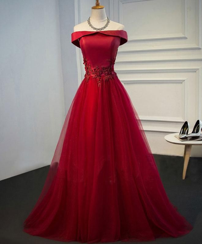 Red Satin and Tulle Off Shoulder Long Formal Gowns, Red Party Dress, Lace-up Back Party Dress Dark Red Prom Dress, Prom Dress Off Shoulder, Prom Dress Burgundy, Lace Long Prom Dress, Tulle Long Prom Dress, Burgundy Evening Dress, Off Shoulder Evening Dress, Long Formal Gowns, Prom Dresses 2019