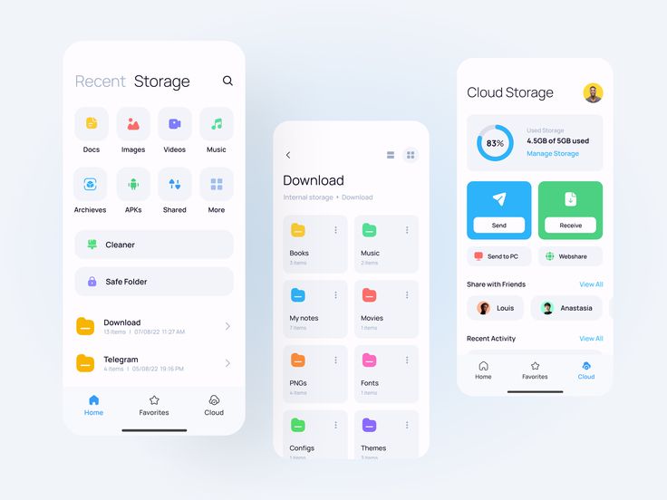 three mobile devices displaying cloud storage and data storage on their screens, one with icons