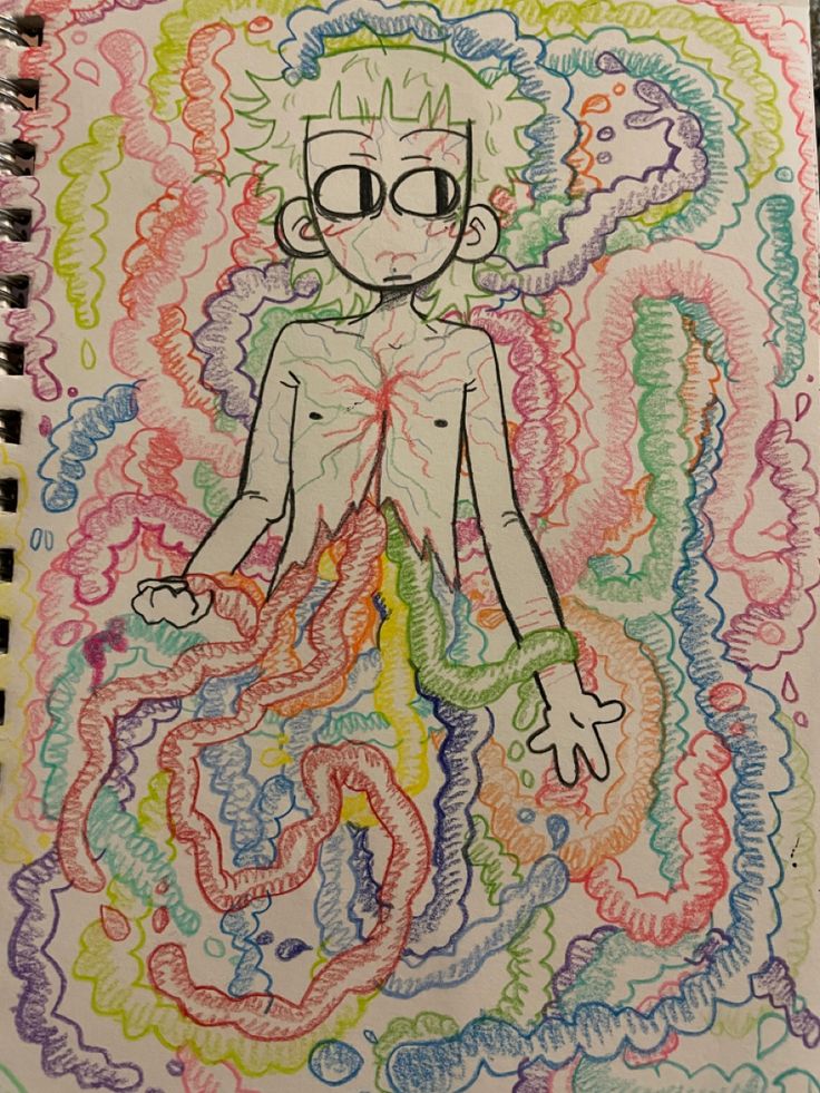 a drawing of a person with glasses on it's head and body surrounded by colorful swirls