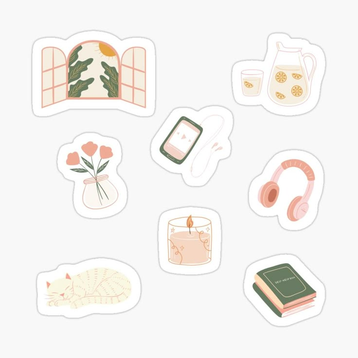 various stickers that include flowers, books and other things on the table or wall