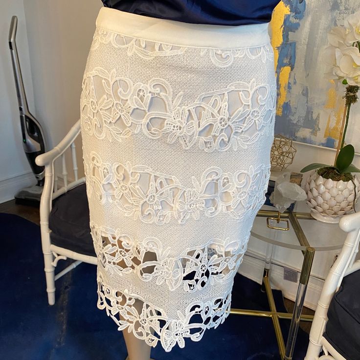 White Lace Skirt....Think It Runs A Bit Small!! Elegant Pencil Skirt For Brunch, Chic Lace Skirt For Brunch, Elegant Tiered Skirt For Brunch, Elegant White Skirt For Brunch, Feminine Pencil Skirt For Brunch, Elegant Lace Mini Skirt With Lining, Elegant Flowy Mini Skirt For Brunch, Elegant Lined Mini Skirt For Brunch, White Midi Pencil Skirt For Party