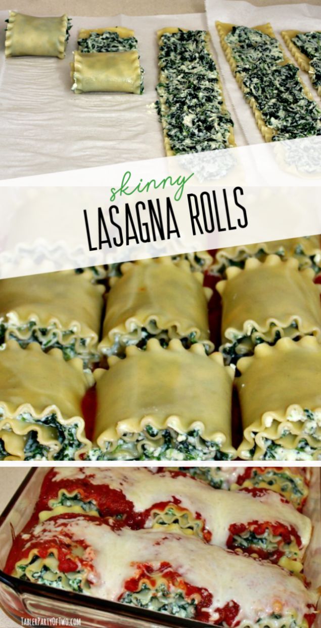 lasagna rolls with spinach, cheese and sauce on top in a casserole dish