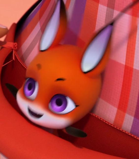 an animated animal with purple eyes peeking out from behind a red chair and checkered fabric