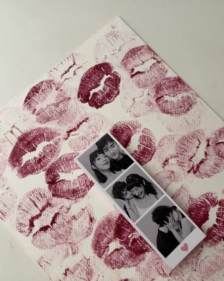 three pictures of two women with red lipstick on them and one has a sticker attached to it