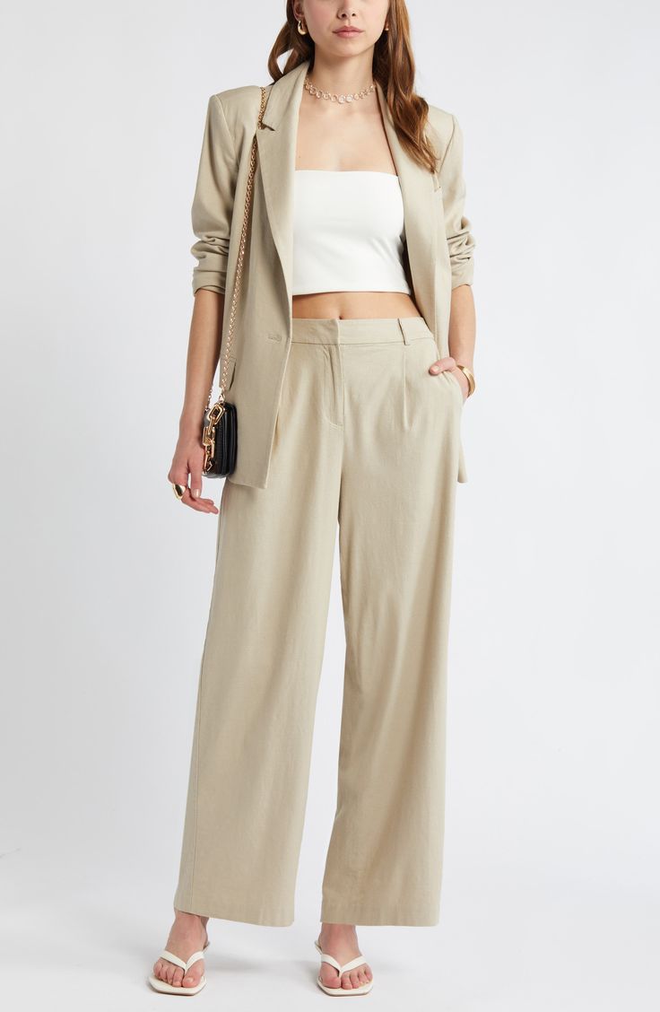 On-trend wide legs lend sophisticated drama to lightweight linen-blend pants designed with a crisp pleated front. 29" inseam; 20 1/2" leg opening; 12" front rise; 16" back rise (size 8) Zip fly with hook-and-bar closure Front slant pockets 53% linen, 44% rayon, 3% spandex Machine wash, tumble dry Imported Linen Outfits, Outfits Nyc, Linen Blend Pants, Pants Design, Wide Legs, Linen Clothes, Linen Blend, Oxford, Wide Leg