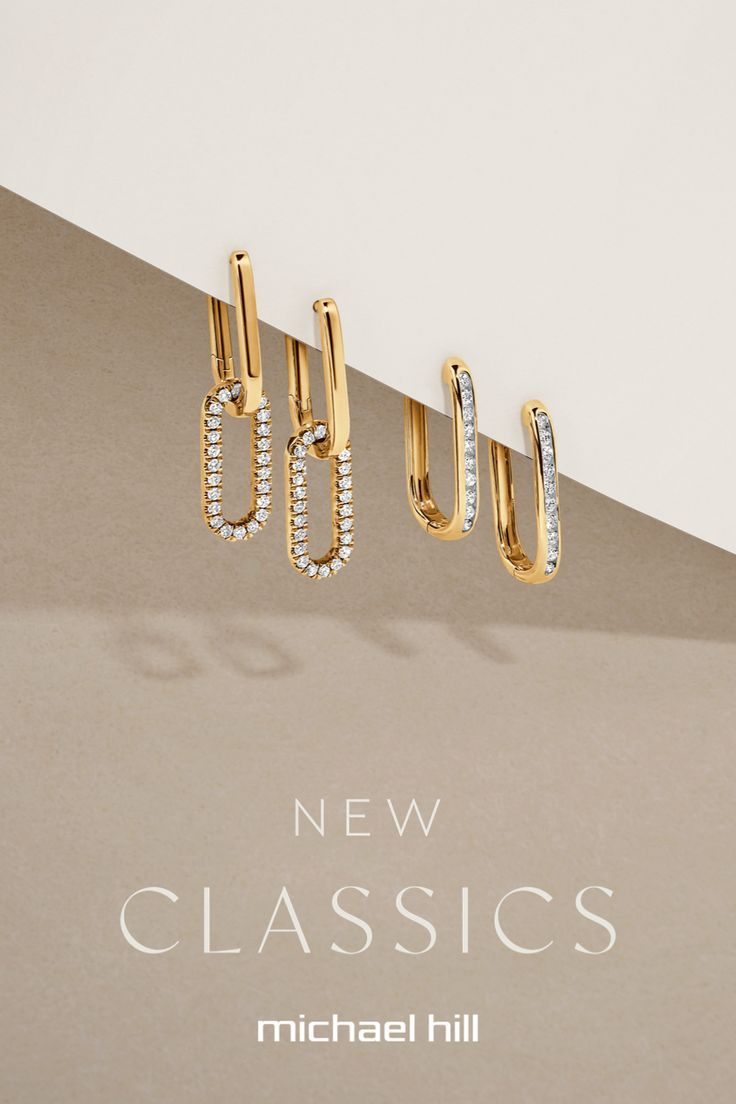 three pairs of gold and diamond earrings with the words new classics written below them