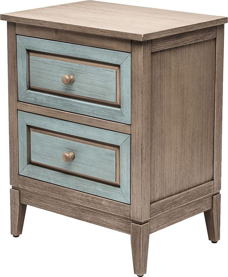 a blue and brown nightstand with two drawers on each side, against a white background