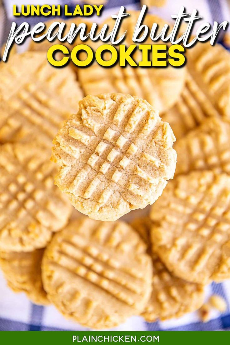 a close up of a waffle cookie on a plate with the words, lunch lady peanut butter cookies