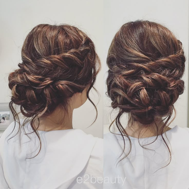 Bride Hair Low Bun With Braid, Bridesmaids Hairstyles For Long Hair Updo, Medium Length Braided Updo, Low Messy Bun Wedding Hair Bridesmaid Side Braids, Bride Hairstyles Updo Thick Hair, Bridal Hair Braided Updo, Wedding Hair Braids Updo, Bridal Hair With Braid Updo, Wedding Up Hairstyles Up Dos