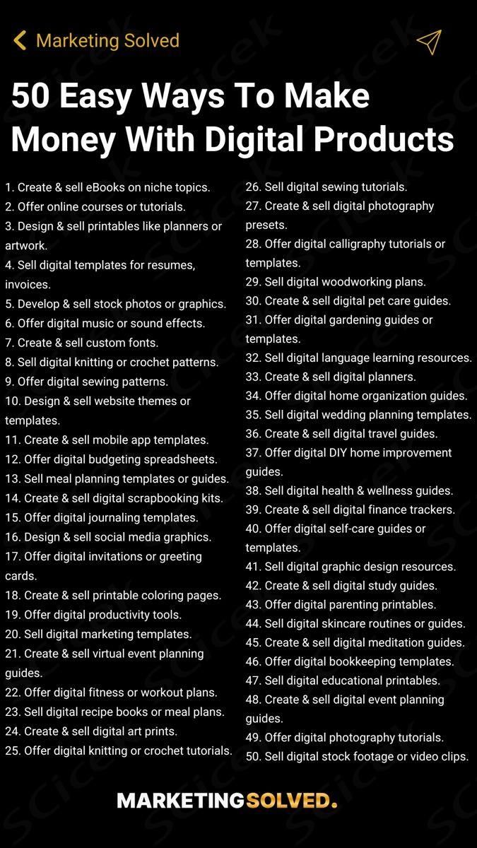 an advertisement for digital products with the words 50 easy ways to make money with digital products