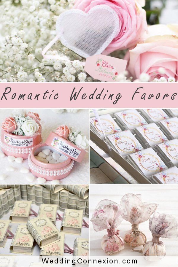 romantic wedding favors with pink flowers and hearts