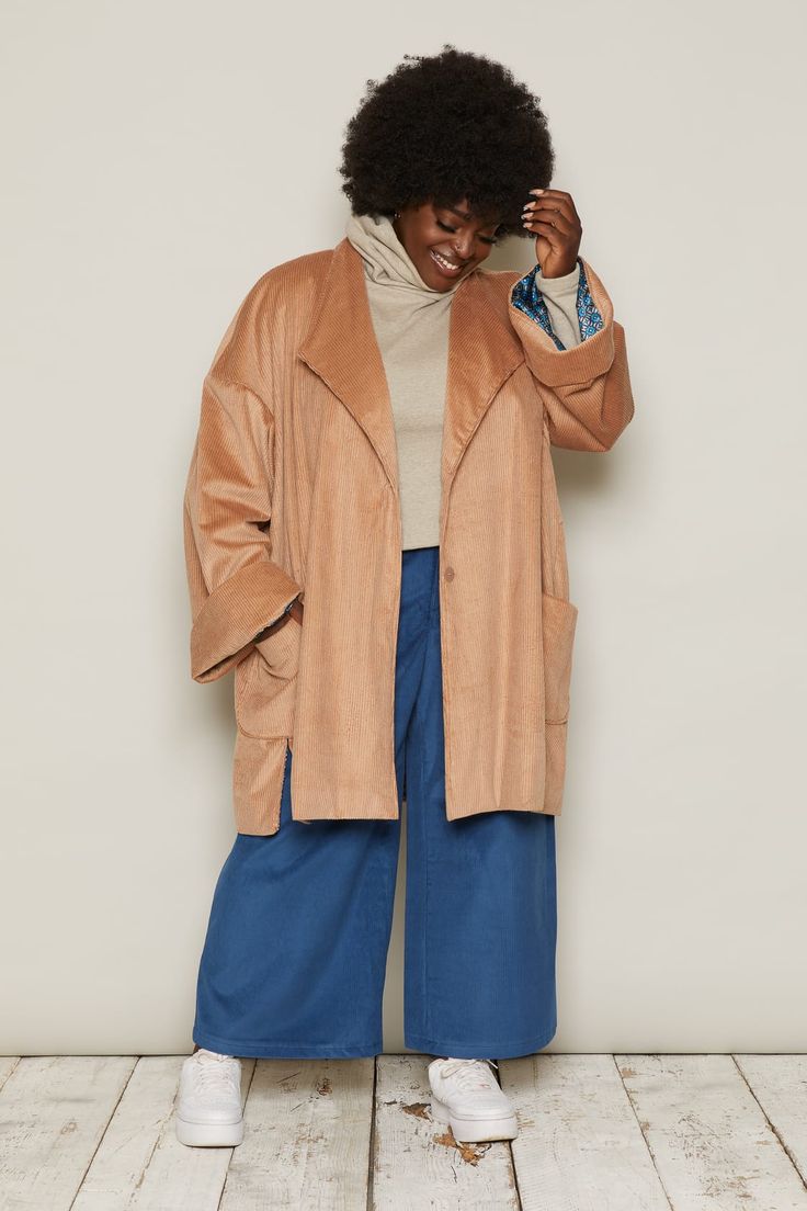 The Hilmar is a long, oversized jacket, falling to the mid-thigh. Oversized features make it iconic: large, patch pockets; side vents; a stepped hemline; and wide, turned-back cuffs. Beautifully lined, this jacket looks easy-going, and feels luxurious.Corduroy’s distinct quality comes from its ribs, or ‘wales’. Corduroy fabric can come in different thicknesses, depending on the width of its wale. Narrow-wale corduroy is fine and light. Wide-wale corduroy is chunky and fluffy-soft.In Beige, the corduroy is a wider wale. In Blue, the corduroy is narrower. The Burgundy sits in the middle of the two. Whichever you pick, these organic cotton corduroys look great, feel great and will stay soft and durable.Each jacket is numbered and production is limited to 100 pieces per colourway.Inclusive siz Stay Soft, Thrift Haul, Jacket Beige, Corduroy Fabric, Oversized Jacket, Easy Going, Reusable Bags, Beauty Bag, Socks And Hosiery