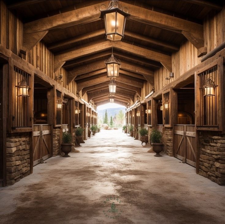 the inside of a building with lights on and stone pillars leading to an entry way