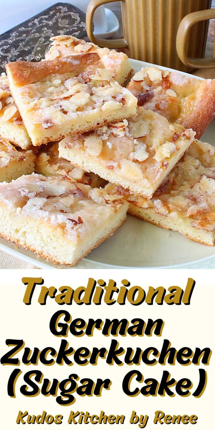 traditional german zuckerkuchen sugar cake recipe on a plate with coffee mug in the background