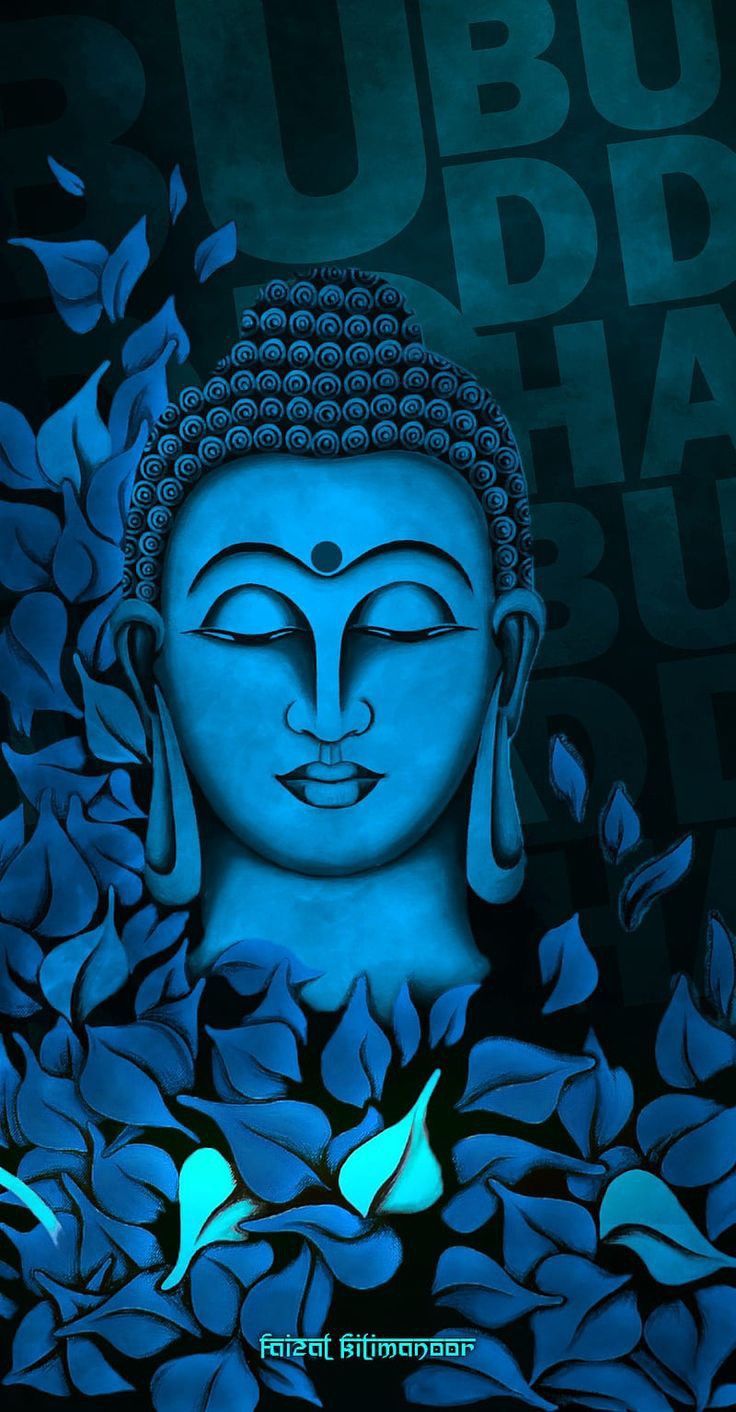 the buddha statue is lit up with blue light and has leaves around it, as well as flowers