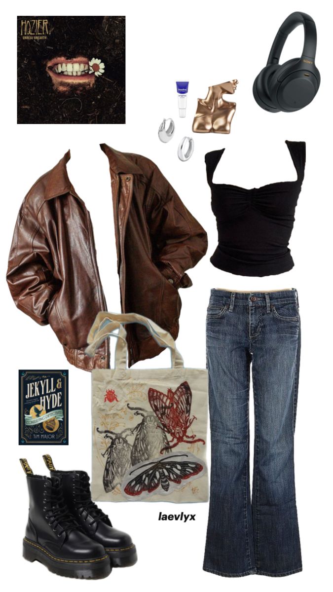 leather jacket, jeans, doc martens, hozier, sony headphones Outfit Idea With Doc Martens, The Lumineers Aesthetic Outfit, How To Style Oversized Leather Jacket, Vintage Artist Aesthetic Outfit, Hozier Outfit Ideas, Y2k Leather Jacket Outfit, Hozier Concert Outfits, Outfits With Black Doc Martens, Outfits To Wear With Doc Martens