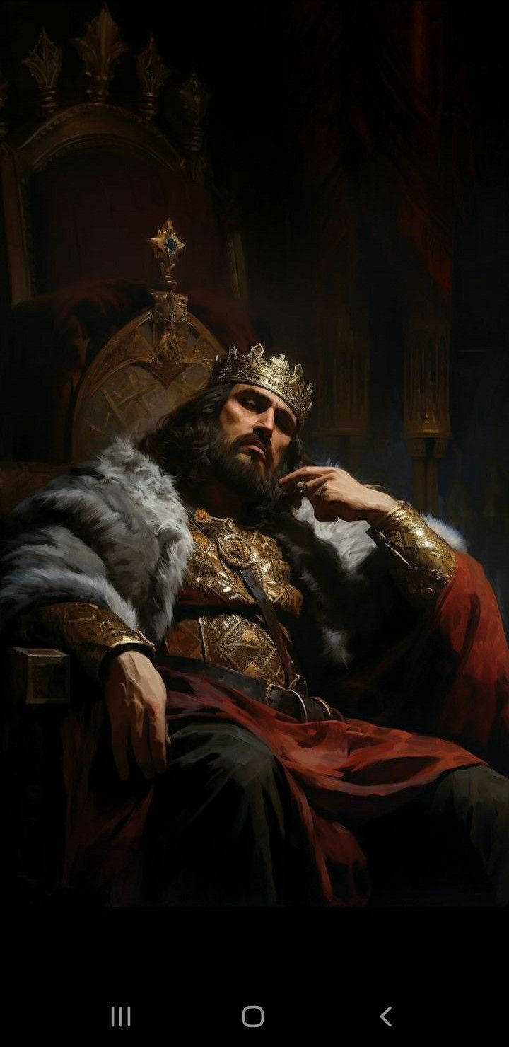 a painting of a man sitting in a chair wearing a crown and holding his hand to his chin