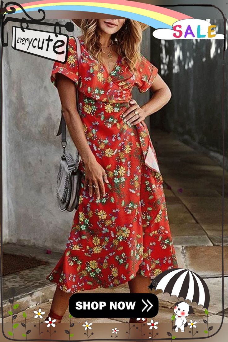 Fashion Casual Print Summer V-neck Dress P11522 Red A-line V-neck Dress For Spring, Casual Printed V-neck Midi Dress, Summer V-neck Wrap Dress For Brunch, Casual Red V-neck Midi Dress, Red V-neck Dress For Spring Vacation, Printed Maxi Length V-neck Dress For Spring, Printed V-neck Dress For Day Out, Spring Beach A-line V-neck Dress, Casual Summer V-neck Dress With Surplice Neckline