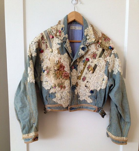 VINTAGE EMBELLISHED Jacket 60s 70S Blue Jean Faded  Wash Denim Jacket-Peal Beads Lace/ Blazer Jacket Donna Eliza Beverly Hills Rodeo Drive Vintage Reworked Long Sleeve Denim Jacket, Beverly Hills Rodeo Drive, Vintage Long Sleeve Denim Jacket With Floral Embroidery, Lace Blazer Jacket, Luxury Embroidered Long Sleeve Denim Jacket, Vintage Denim Jacket With Floral Embroidery, Luxury Patchwork Cotton Denim Jacket, Lace Blazer, Diy Denim Jacket