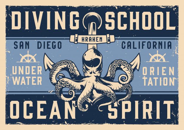 an octopus is in front of the ocean spirit sign, which reads diving school san diego