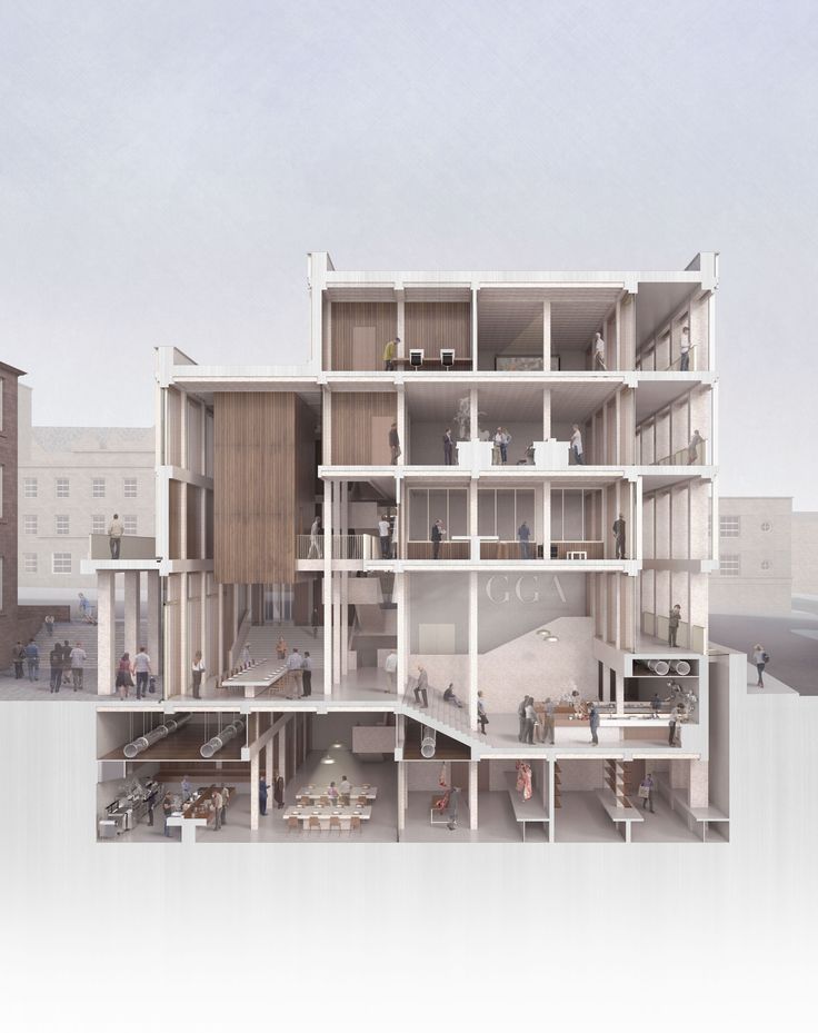 an architectural rendering of a building with multiple levels