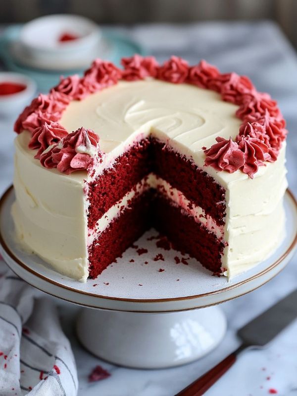 a red velvet cake with white frosting and sprinkles on a plate