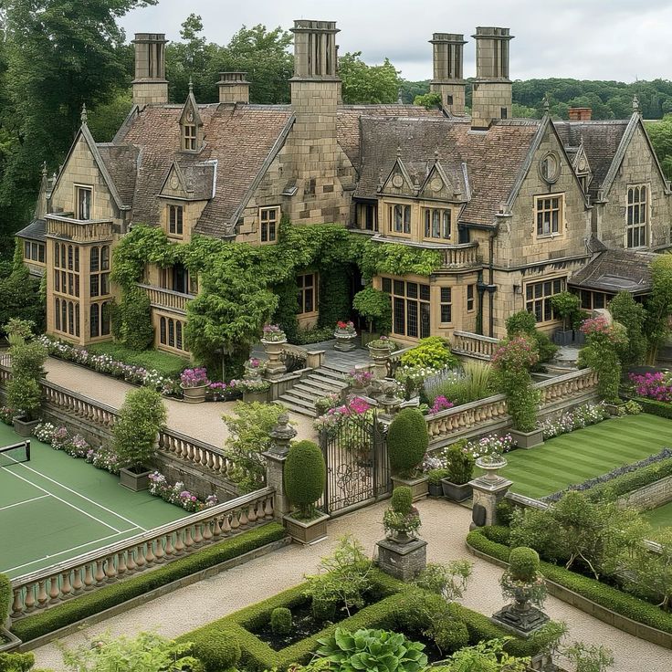 an aerial view of a large house with tennis court in the foreground and gardens surrounding it