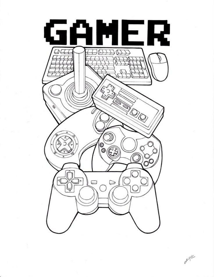 a black and white drawing of a video game controller with the words gamer on it