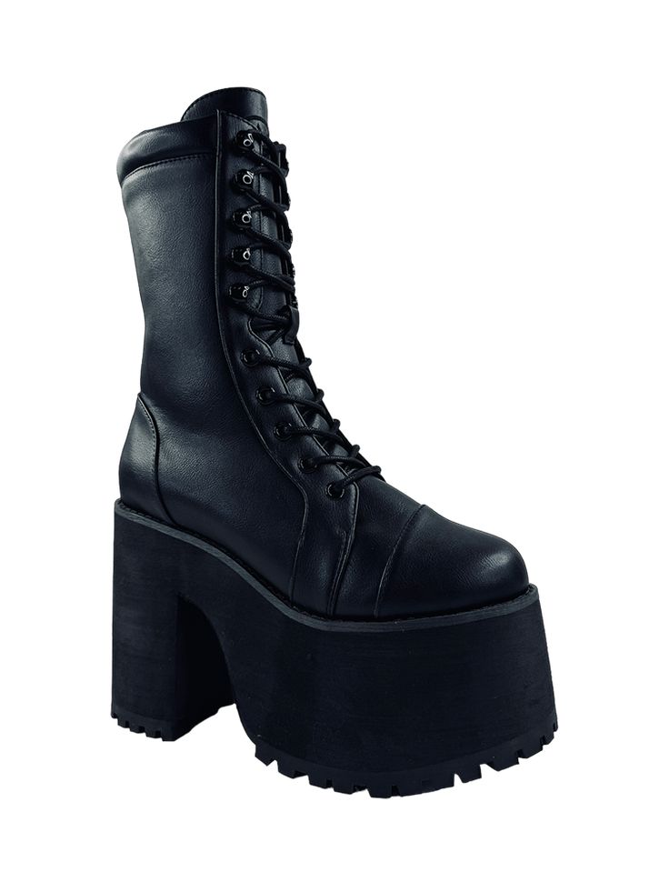 RAVEN - BLACK LEATHER Black High Ankle Lace-up Boots Alternative Style, Alternative Black Lace-up Boots With Chunky Platform, Edgy High-top Platform Boots With Zipper, High-top Faux Leather Platform Boots With Zipper, High-top Platform Boots With Zipper In Faux Leather, Fall High Cut Chunky Platform Heeled Boots, Fall High-cut Heeled Boots With Chunky Platform, Fall Chunky Platform High-cut Heeled Boots, Alternative Black High Ankle Lace-up Boots