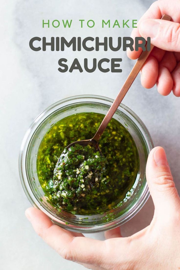 two hands holding a spoon over a jar filled with chimichur sauce and the words how to make chimicuhri sauce above it